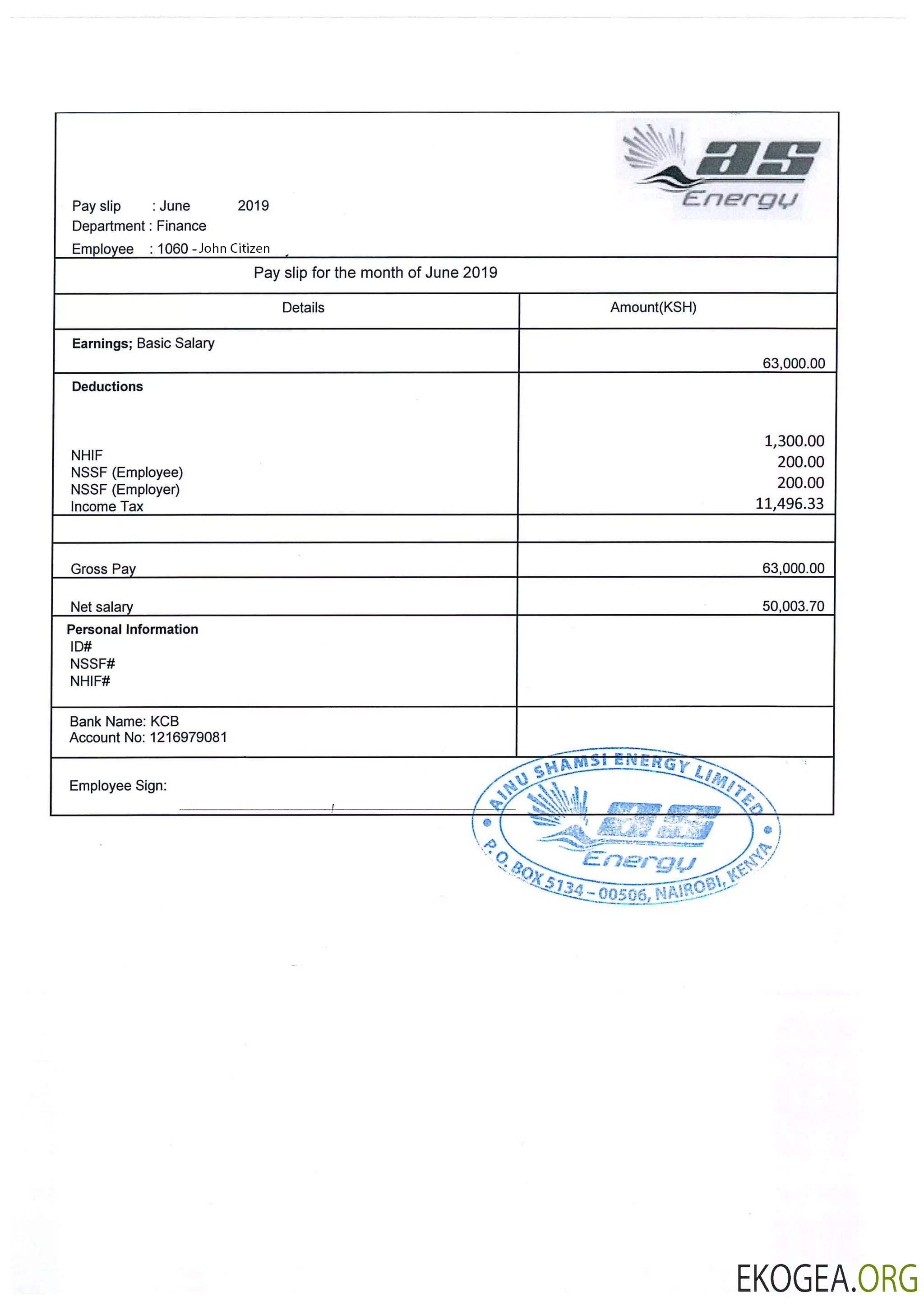 KENYA AINU Shamsi Energy Limited Fiche de paie aux formats Word et PDF